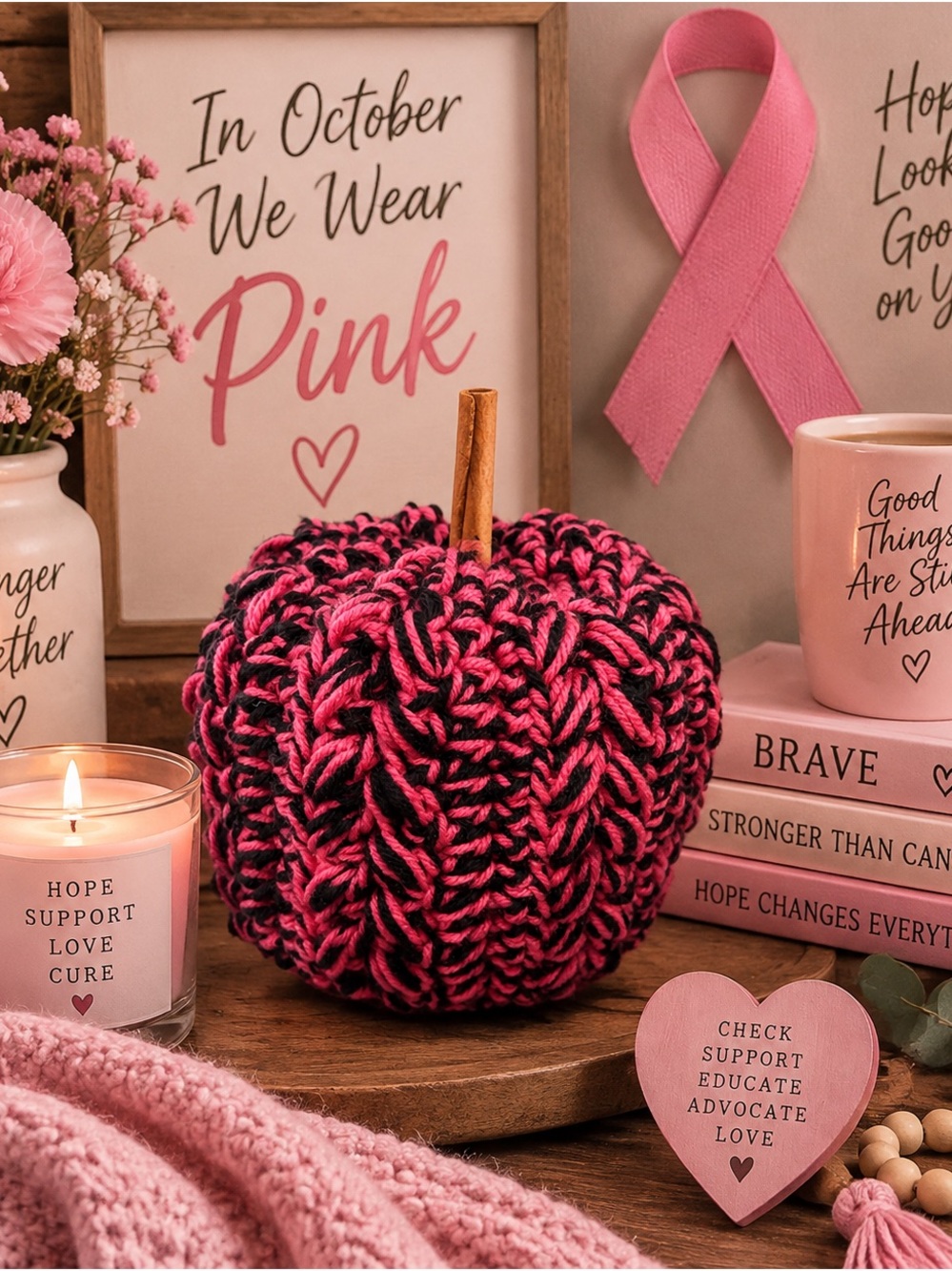 Pink & Black Crochet Pumpkin Breast Cancer Awareness Fall Decor